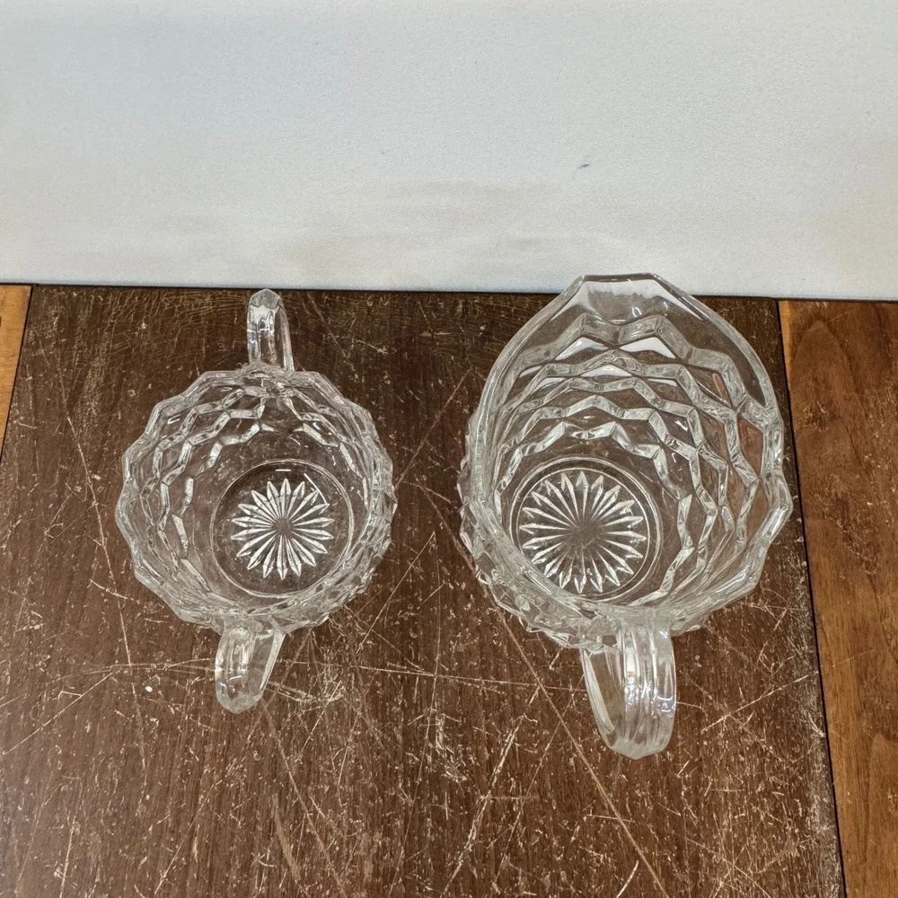 Vintage Clear‎ Glass Creamer & Sugar Set Cubist Pattern Serving Set